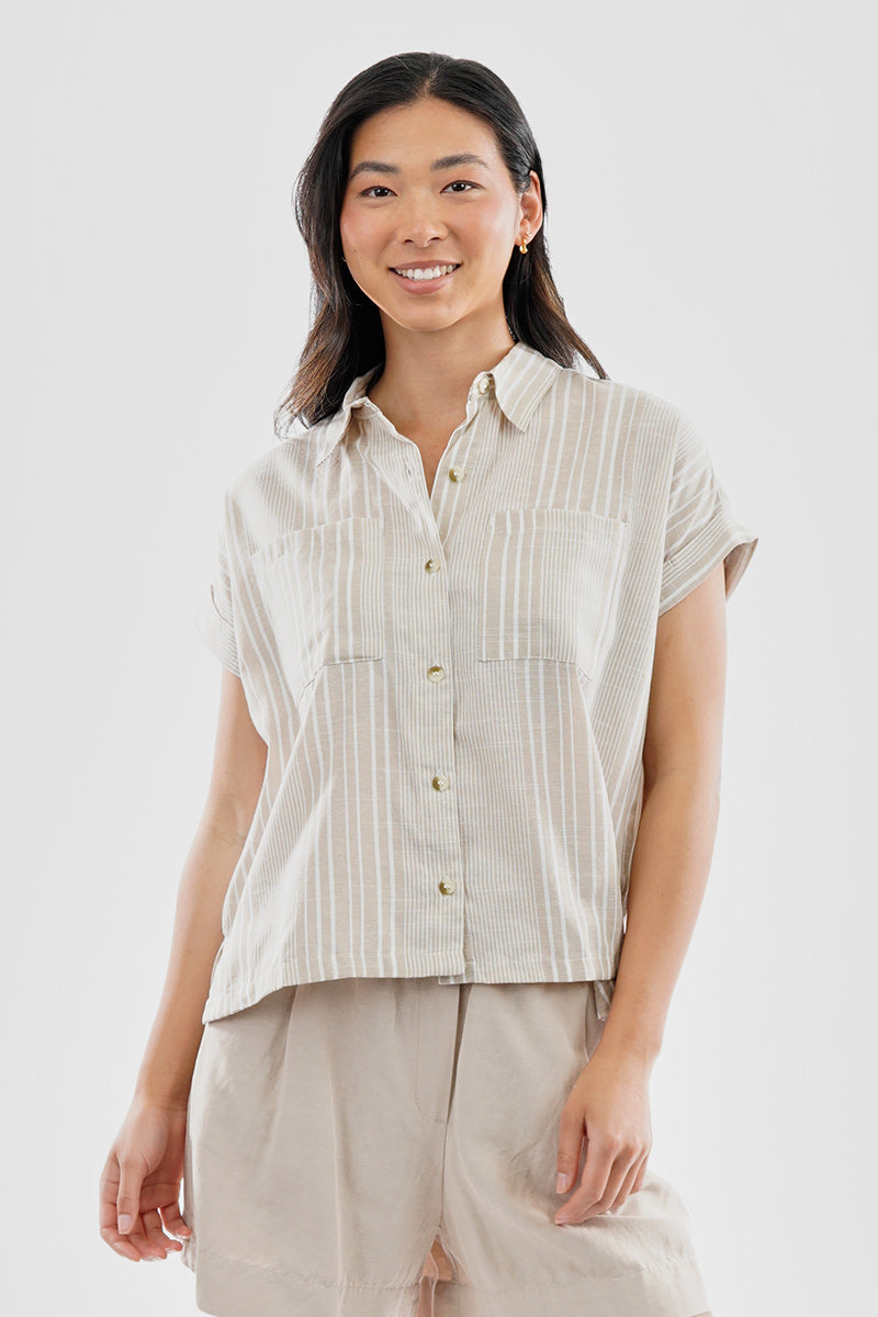 Beechers Brook Striped Button Up Short Sleeve Shirt - Beige - Womens Shirts & Blouses - Fairweather