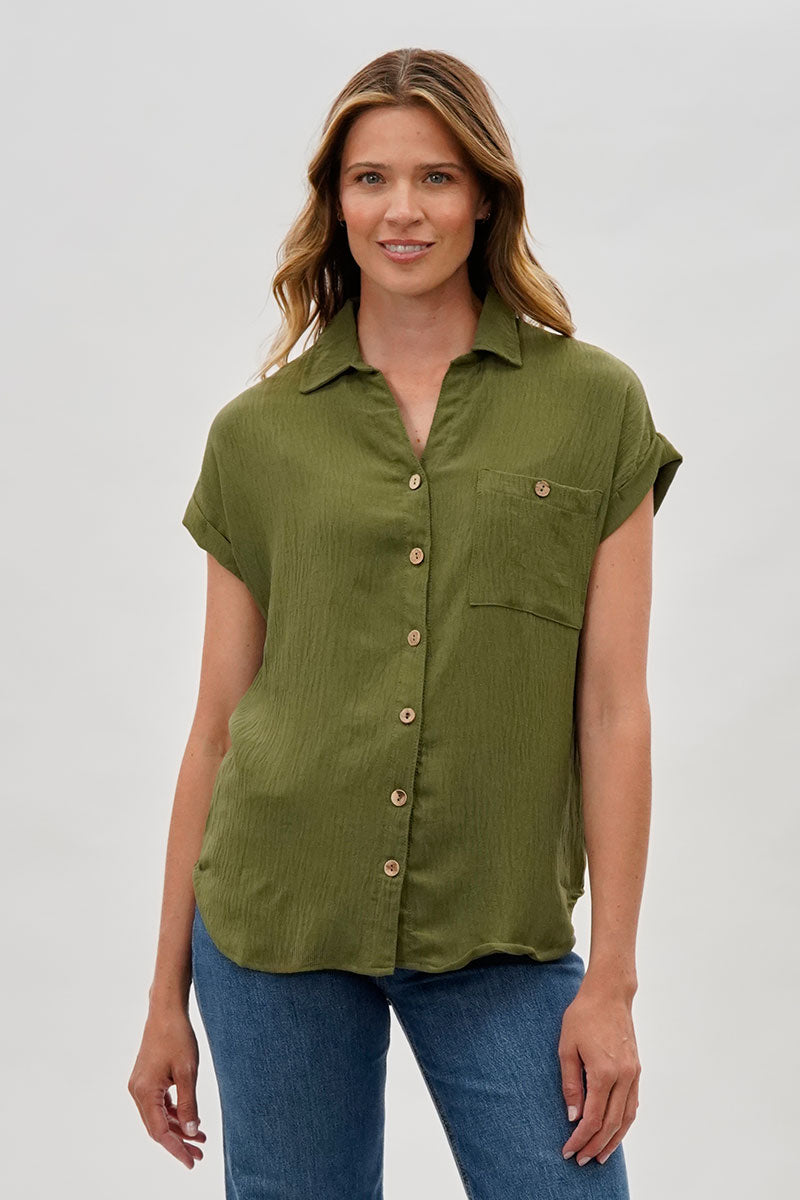 Sylexchange Vintage Short Sleeve Button Down Shirt - Olive - Womens Shirts & Blouses - Fairweather