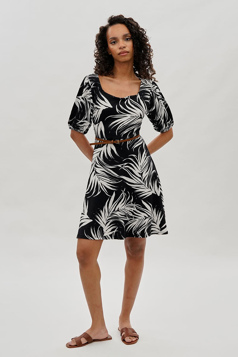 Costa Blanca Leaf Print Square Neck Day Dress - Black - Womens Day Dresses - Fairweather