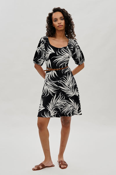 Costa Blanca Leaf Print Square Neck Day Dress - Black - Womens Day Dresses - Fairweather