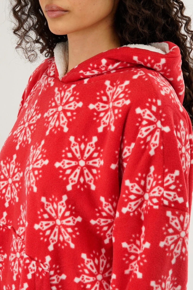 Canada Weather Gear Festive Print Oversided Hooded Pajama Top - Red - Womens Pajamas - Fairweather