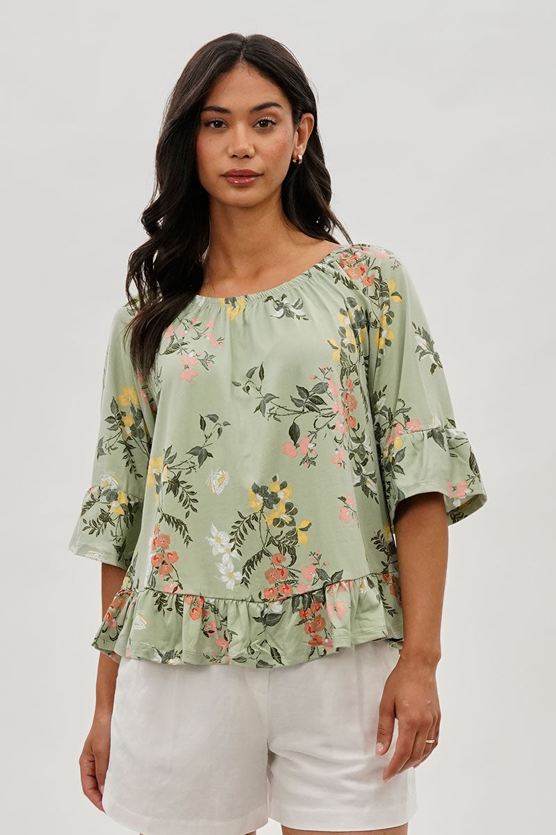 International INC Company Floral Ruffle Hem Blouse - Mint - Womens Shirts & Blouses - Fairweather