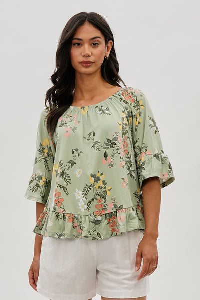 International INC Company Floral Ruffle Hem Blouse - Mint - Womens Shirts & Blouses - Fairweather