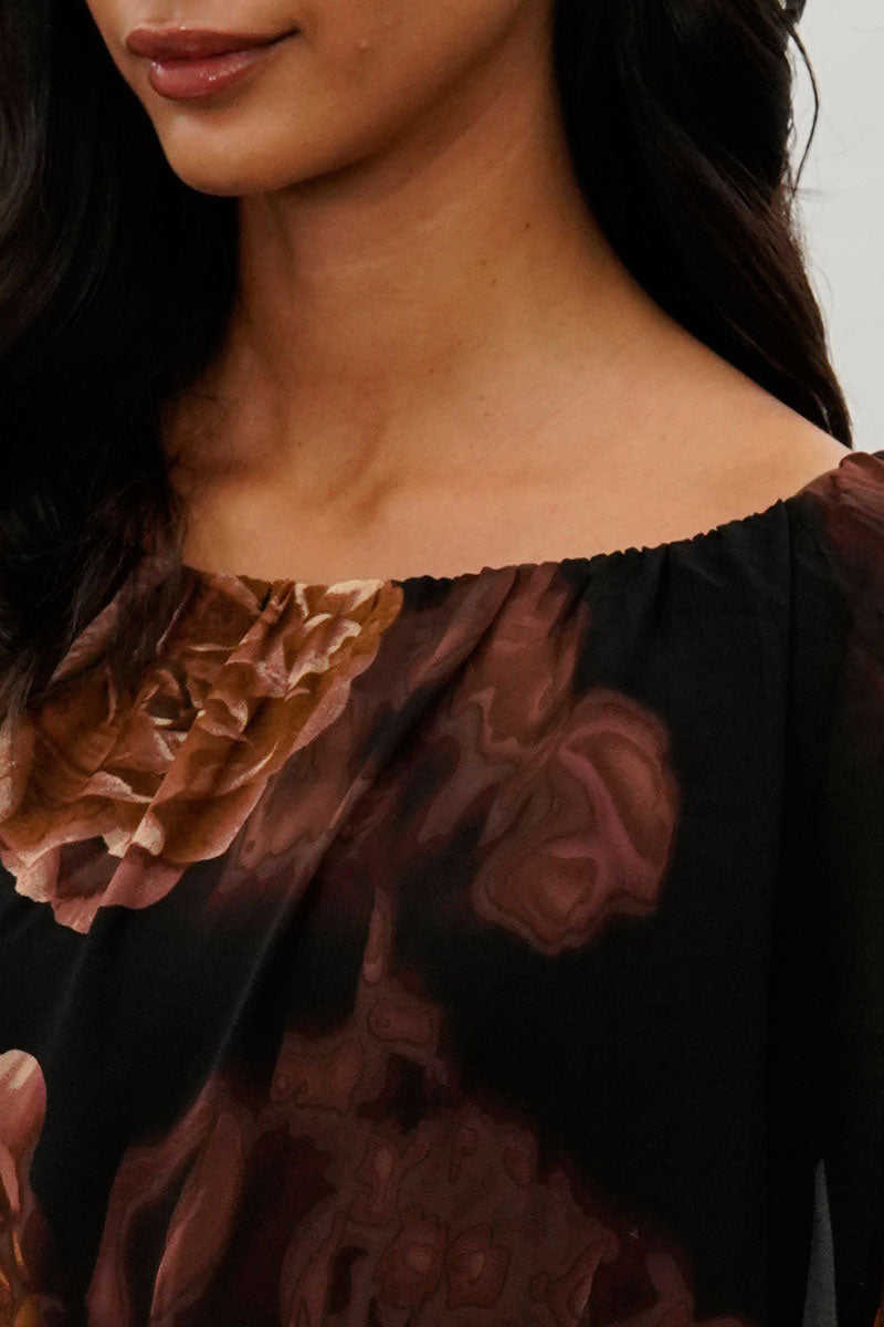 Costa Blanca Floral Chiffon Cape Blouse - Brown - Womens Shirts & Blouses - Fairweather