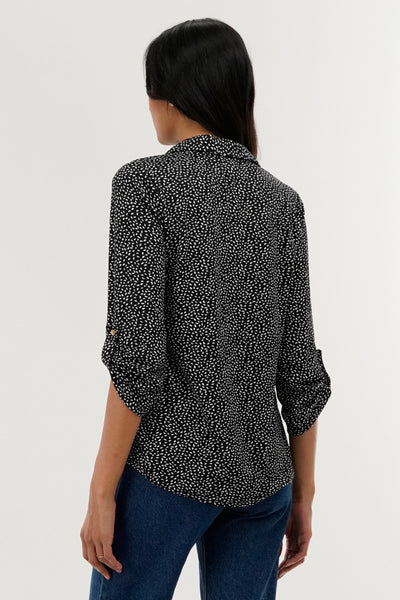 International INC Company Patterned Roll Up Sleeve Blouse - Black - Womens Shirts & Blouses - Fairweather