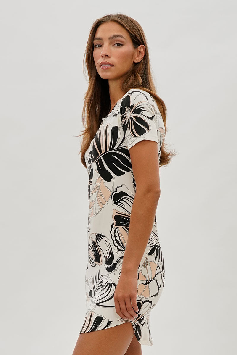 Runaway Bay Leaf Print Short Sleeve Henley Day Dress - Cream - Womens Day Dresses - Fairweather