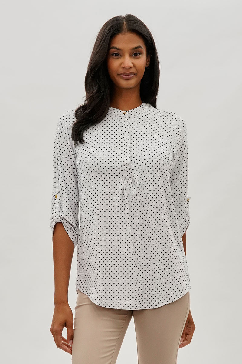International INC Company Dotted Roll Up Sleeve Blouse - White - Womens Shirts & Blouses - Fairweather