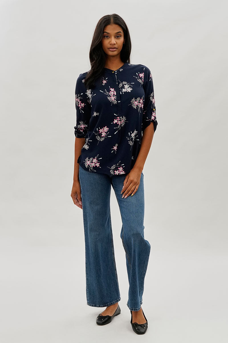 International INC Company Floral Roll Up Sleeve Blouse - Navy - Womens Shirts & Blouses - Fairweather