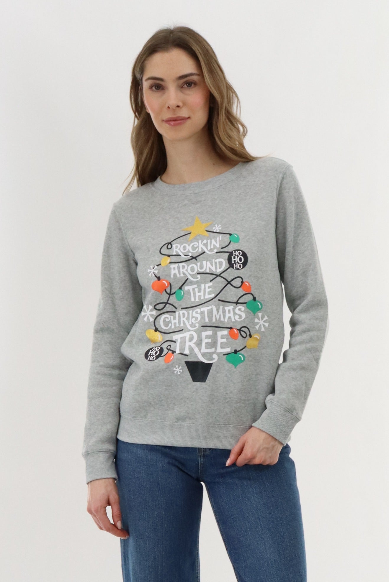 Festive Rockin' Around Christmas Sweater - Grey - Womens Christmas Sweaters - Fairweather