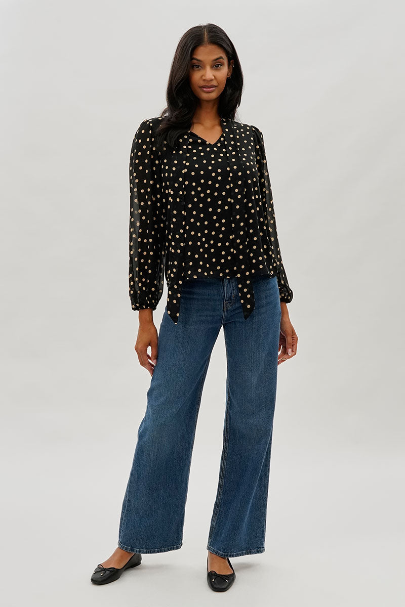 Beechers Brook Dotted Tie-Neck Long Sleeve Blouse - Black - Womens Shirts & Blouses - Fairweather