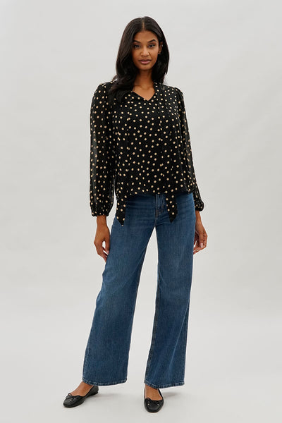 Beechers Brook Dotted Tie-Neck Long Sleeve Blouse - Black - Womens Shirts & Blouses - Fairweather