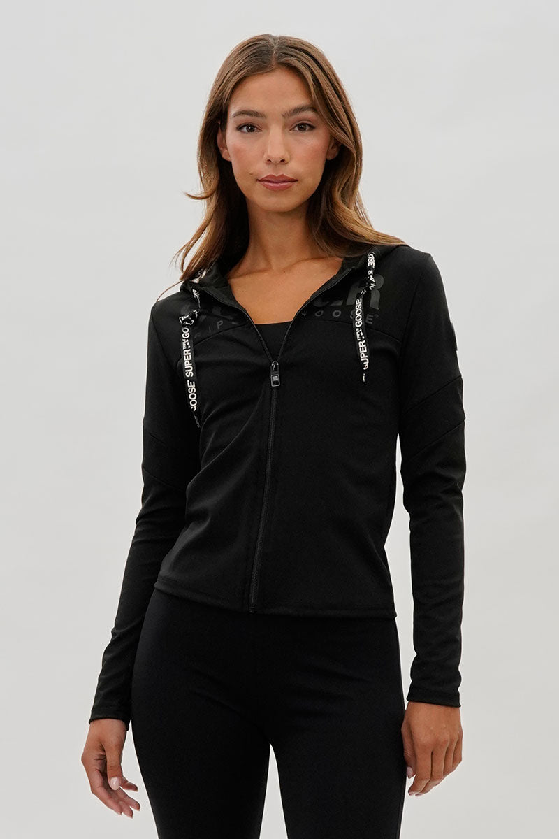 Super Triple Goose Zip Up Mesh Detail Hoodie - Black - Womens Hoodies & Sweatshirts - Fairweather