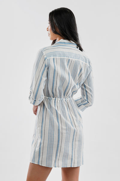 Beechers Brook Striped Roll Up Sleeve Flap Pocket Day Dress - Blue - Womens Day Dresses - Fairweather