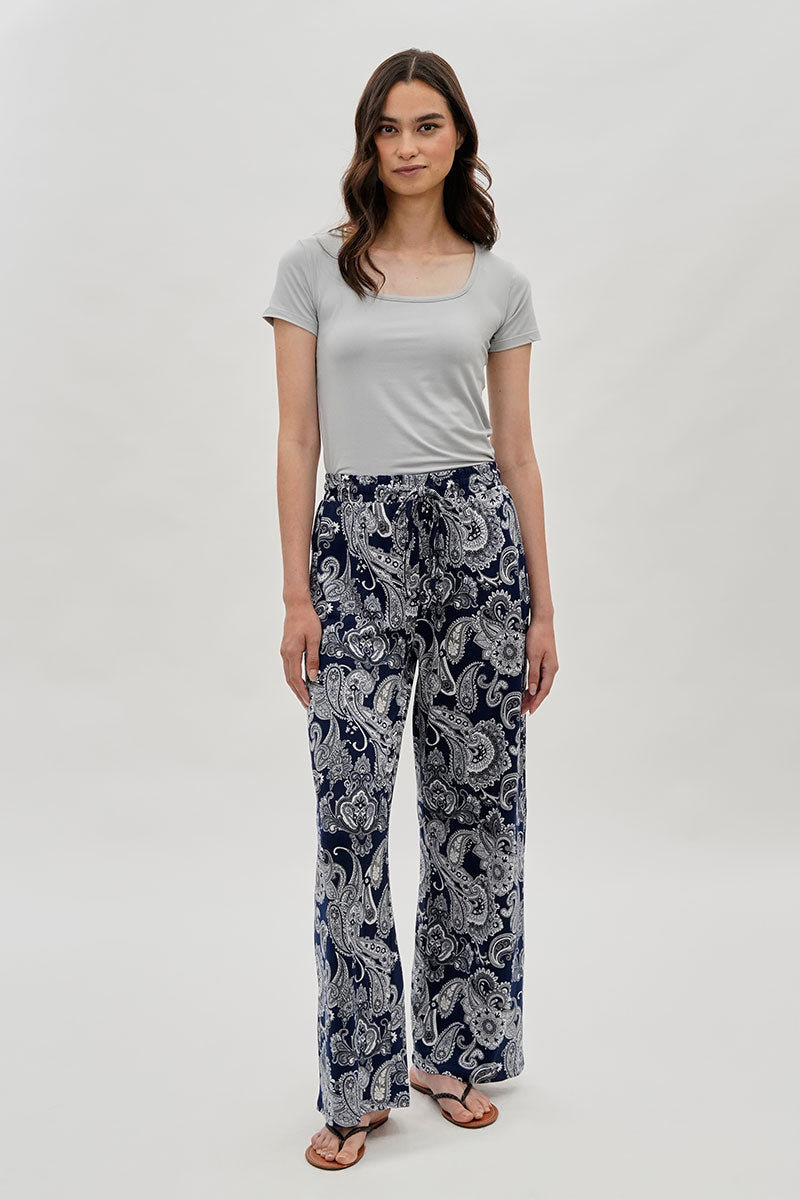 Paisley Print Wide Leg Pants - Navy