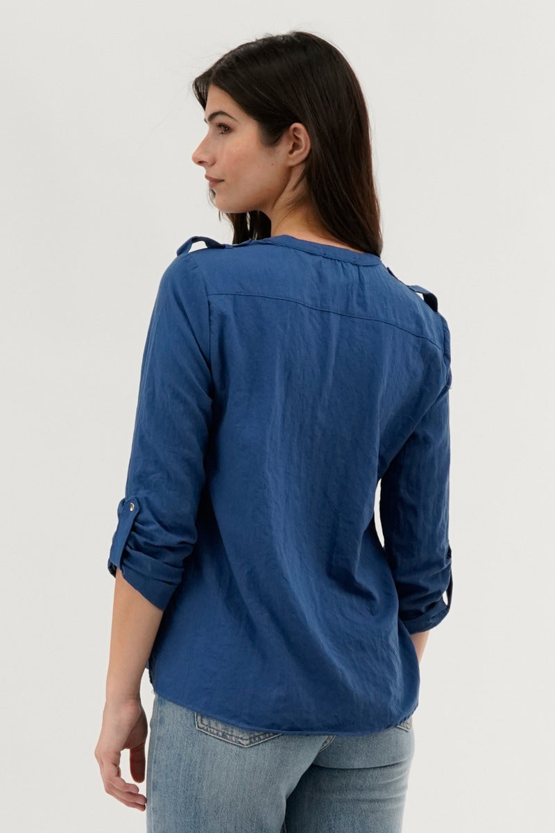 Runaway Bay Roll Up Sleeve Utility Pocket Blouse - Navy - Womens Shirts & Blouses - Fairweather