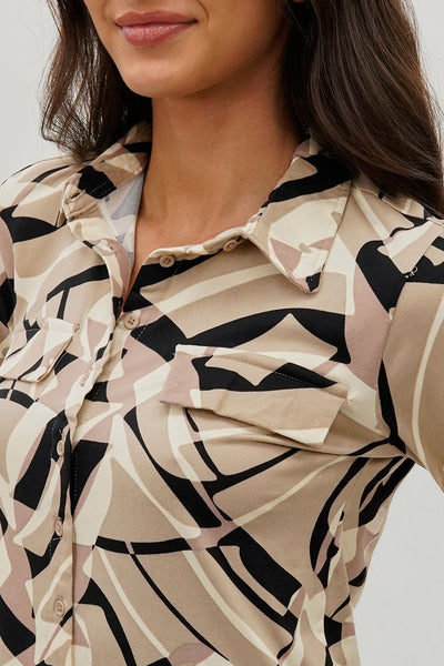 International INC Company Patterned Button Up Shirt - Beige - Womens Shirts & Blouses - Fairweather