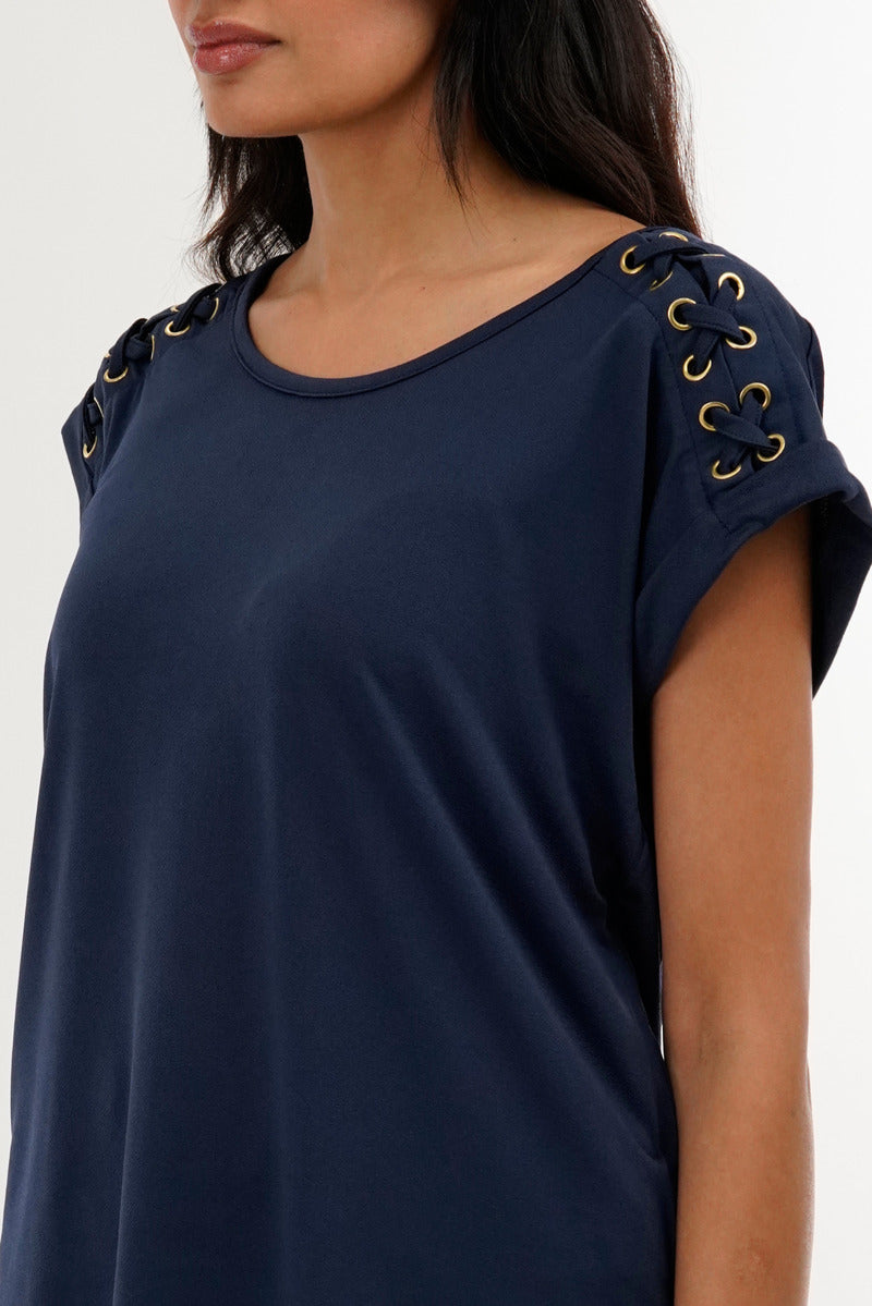 International INC Company Shoulder Lace Up Tee - Navy - Womens Tees & Tank Tops - Fairweather