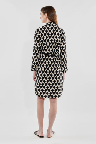 Beechers Brook Patterned Tie Waist Long Sleeve Day Dress - Black