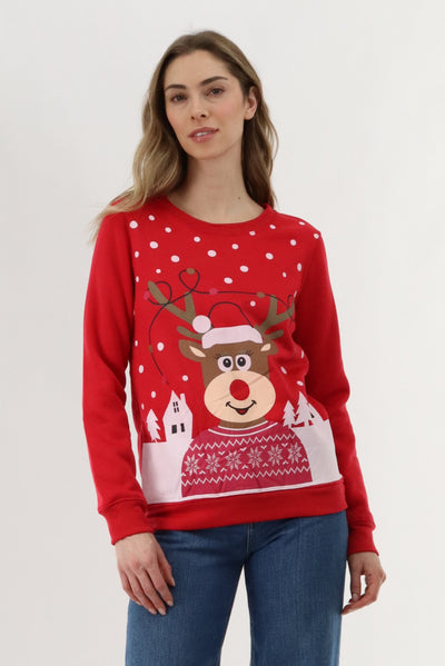 Festive Reindeer Christmas Sweater - Red - Womens Christmas Sweaters - Fairweather