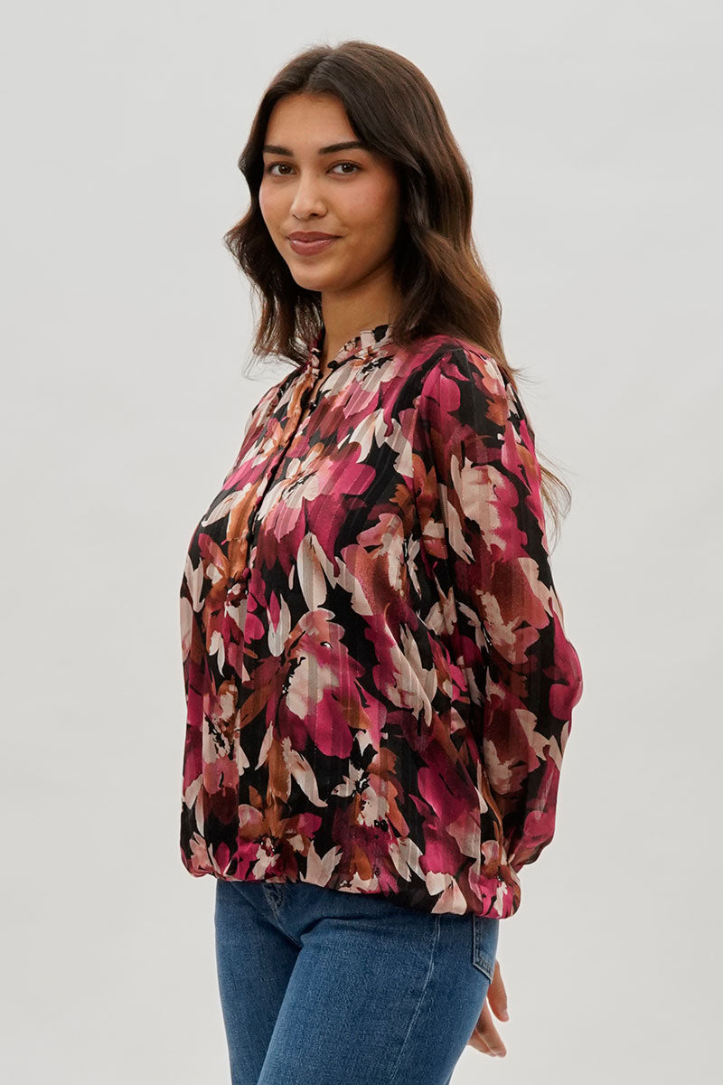 Costa Blanca Floral Ruffle Neck Blouse - Burgundy - Womens Shirts & Blouses - Fairweather