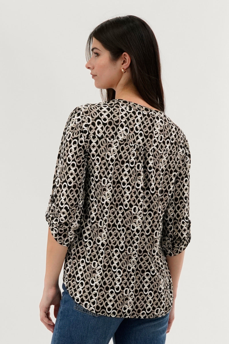 Beechers Brook Patterned Split Neck Blouse - Black - Womens Shirts & Blouses - Fairweather