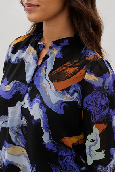 Costa Blanca Marble Print Ruffle Neck Blouse - Black - Womens Shirts & Blouses - Fairweather