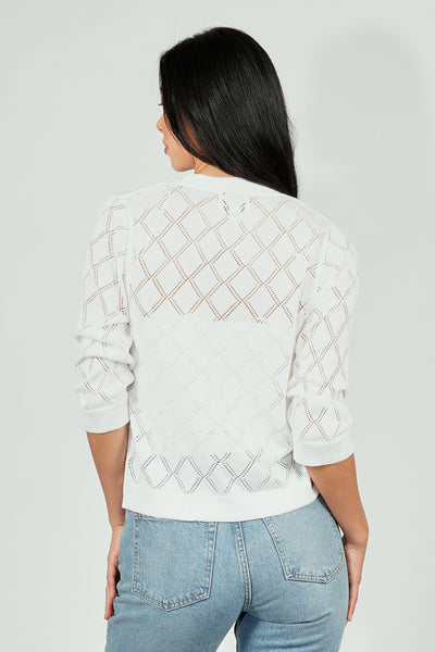 Beechers Brook Diamond Knit 3/4 Sleeve Open Cardigan - White - Womens Cardigans - Fairweather