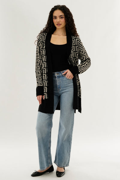 Beechers Brook Long Printed Open Cardigan - Beige - Womens Cardigans - Fairweather