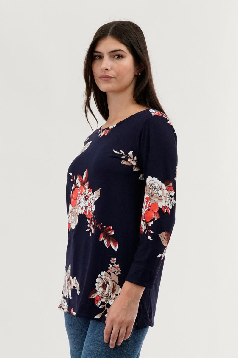 International INC Company Floral 3/4 Sleeve Blouse - Navy - Womens Shirts & Blouses - Fairweather