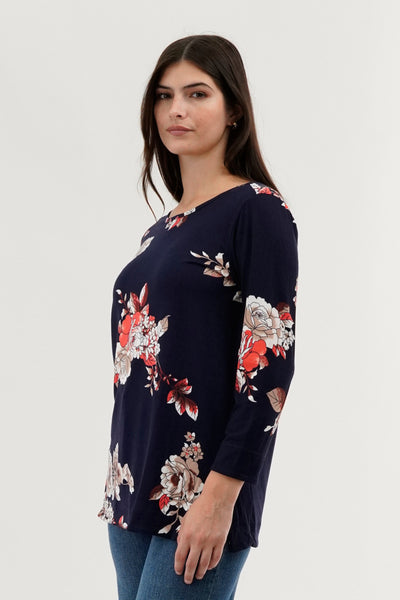 International INC Company Floral 3/4 Sleeve Blouse - Navy - Womens Shirts & Blouses - Fairweather