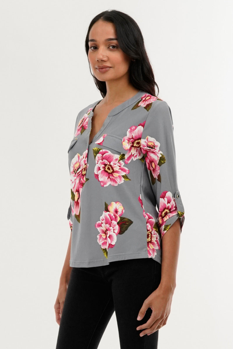 International INC Company Floral Split Neck Blouse - Grey - Womens Shirts & Blouses - Fairweather