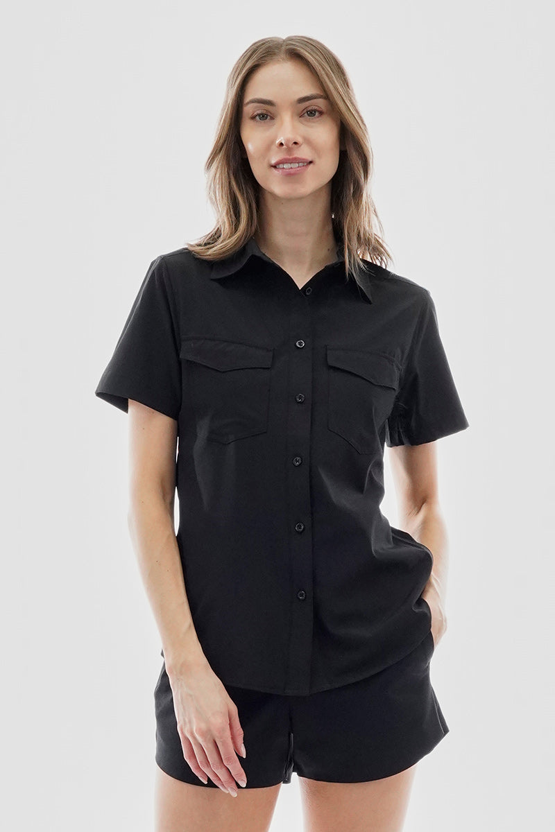 Canada Weather Gear Button Up Short Sleeve Shirt - Black - Womens Shirts & Blouses - Fairweather