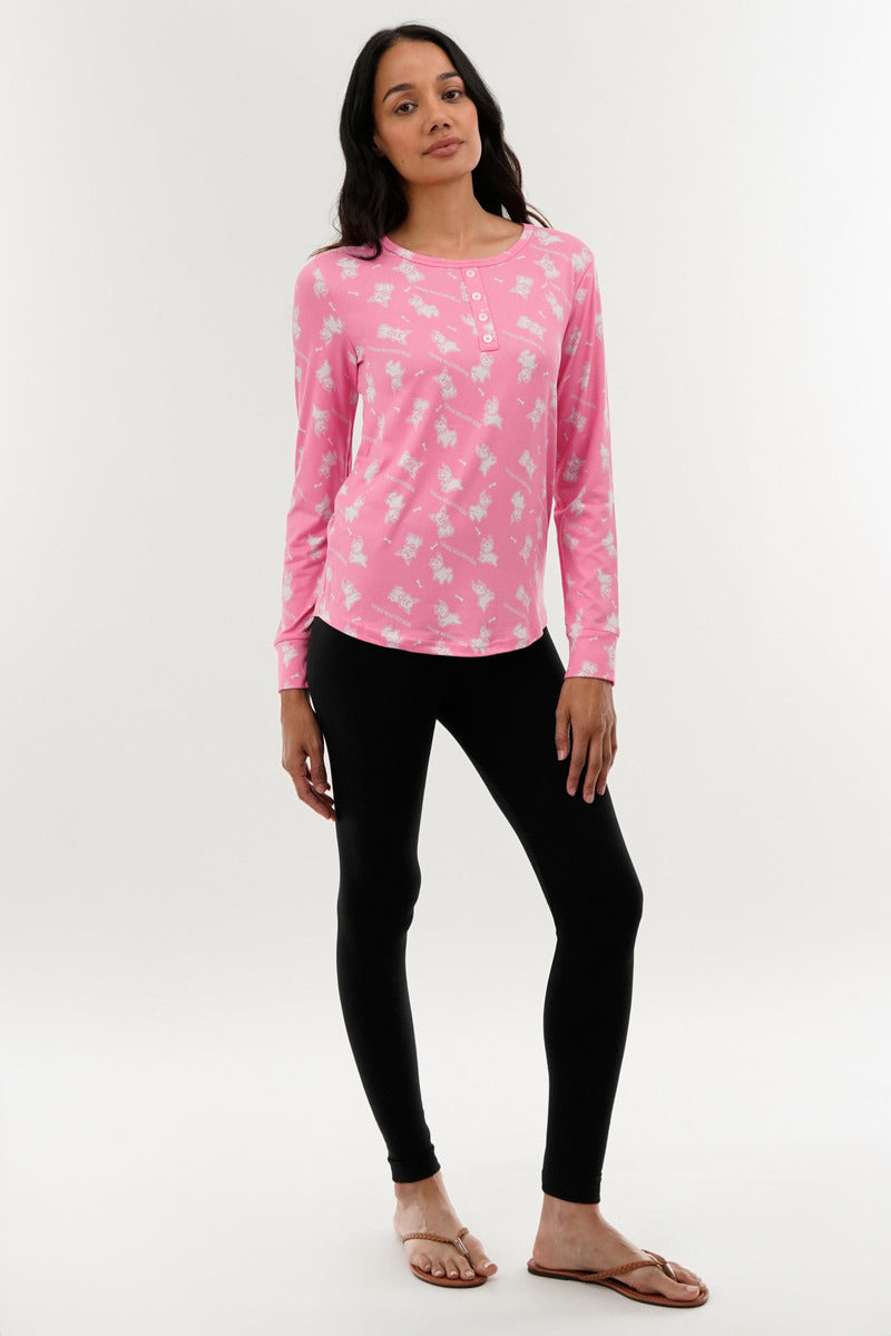 Canada Weather Gear Dog Print Henley Pajama Top - Pink - Womens Pajamas - Fairweather