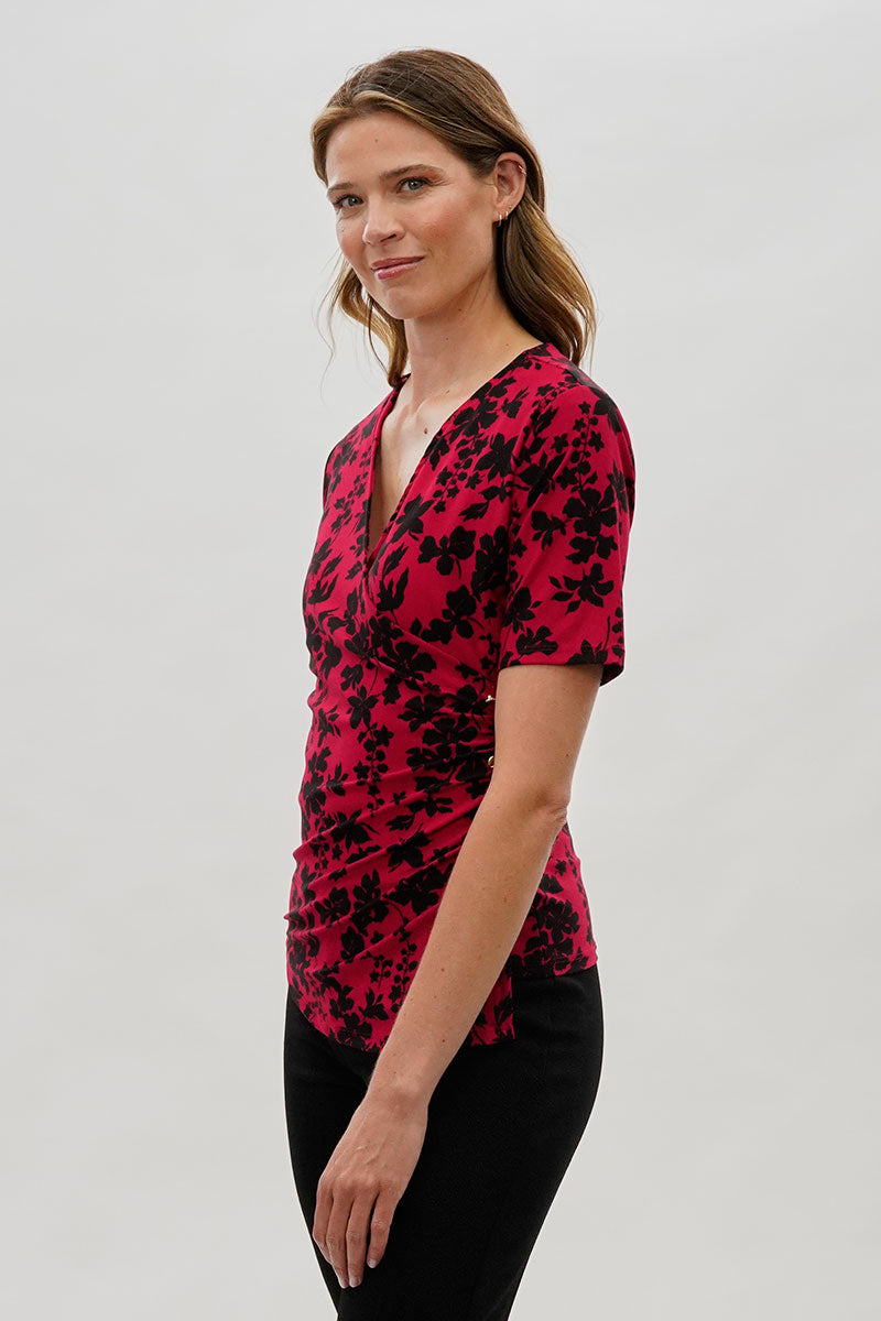 Beechers Brook Floral V-Neck Blouse - Red - Womens Shirts & Blouses - Fairweather