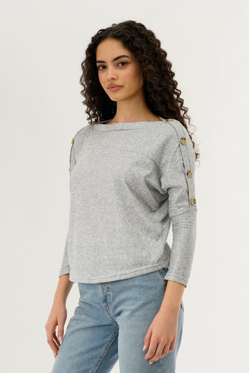 International INC Company Boat Neck Shoulder Button Pullover Sweater - Grey - Womens Pullover Sweaters - Fairweather