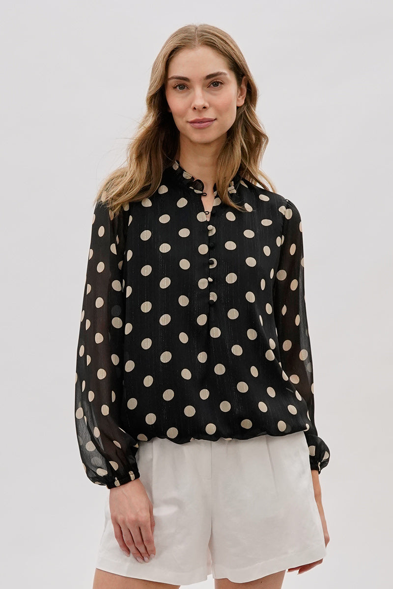 Costa Blanca Polka Dot Long Sleeve Blouse - Black - Womens Shirts & Blouses - Fairweather