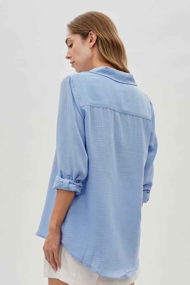 Super Triple Goose Vintage Textured Button Up Shirt - Blue - Womens Shirts & Blouses - Fairweather