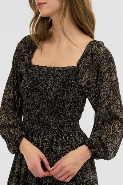 Costa Blanca Floral Long Sleeve Smocked Maxi Dress - Black - Womens Maxi Dresses - Fairweather