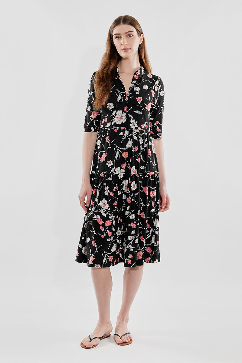 International INC Company Floral Tiered Henley Day Dress - Black