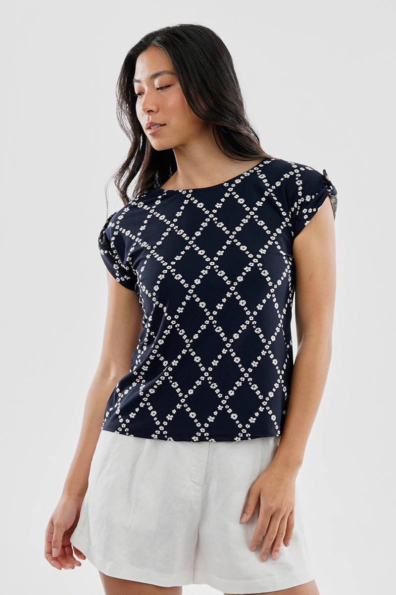 Beechers Brook Floral Cap Sleeve Back Slit Tee - Navy - Womens Tees & Tank Tops - Fairweather
