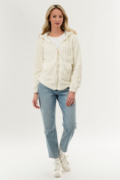 Fahrenheit Plush Hooded Zip Up Lightweight Jacket - White