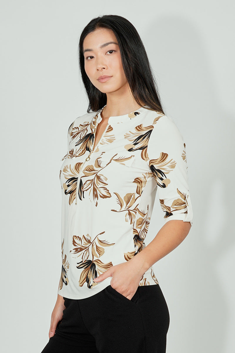 Beechers Brook Floral Roll Up Sleeve Half Zip Blouse - Cream - Womens Shirts & Blouses - Fairweather