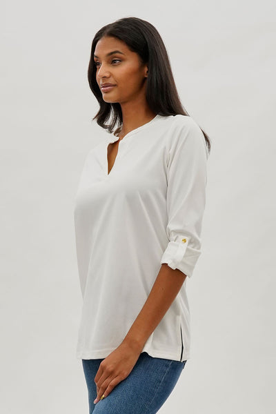 Costa Blanca Split Neck Roll Up Sleeve Blouse - White - Womens Shirts & Blouses - Fairweather
