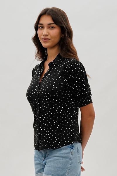 International INC Company Polka Dot Puffer Sleeve Blouse - Black - Womens Shirts & Blouses - Fairweather