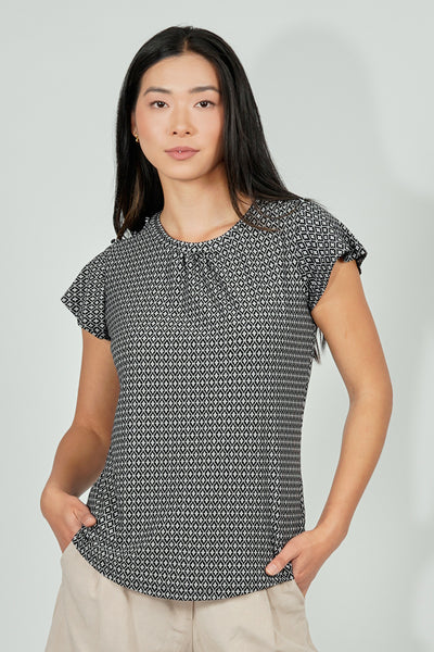 International INC Company Patterned Short Sleeve Cinched Collar Blouse - Black - Womens Shirts & Blouses - Fairweather