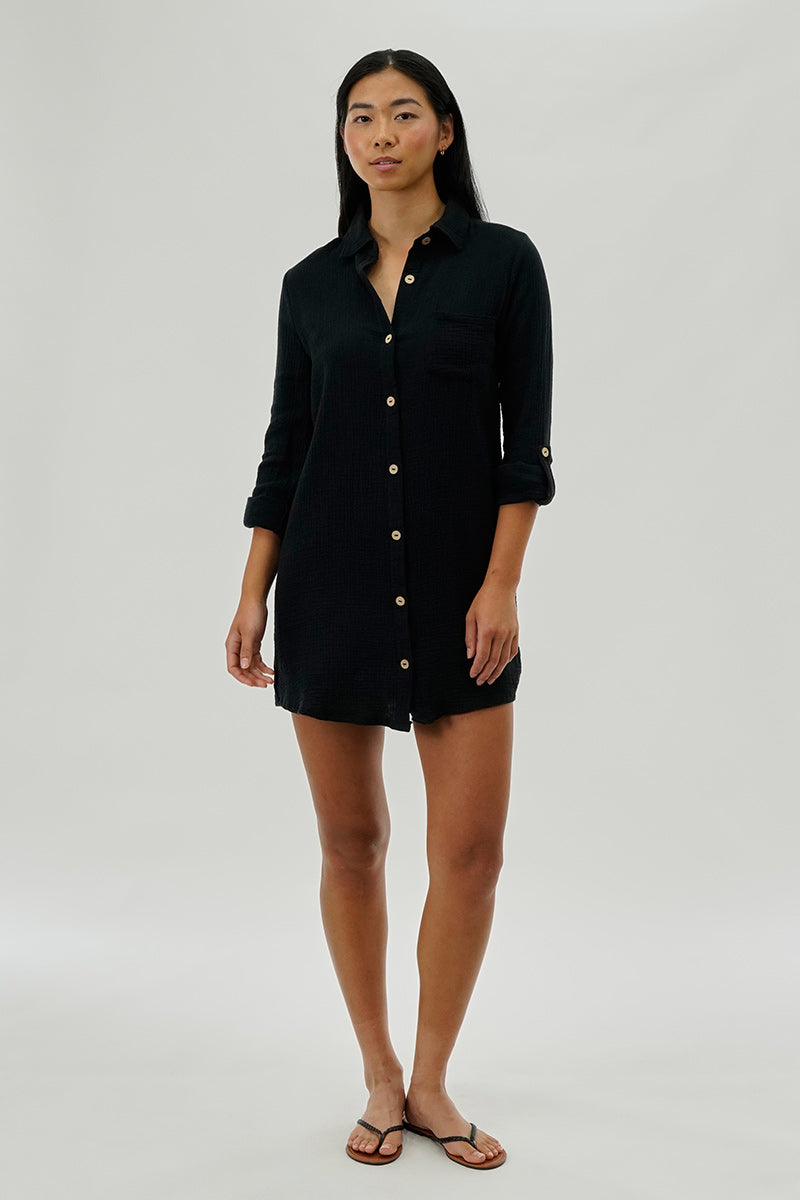 Impress Button Up Day Dress - Black