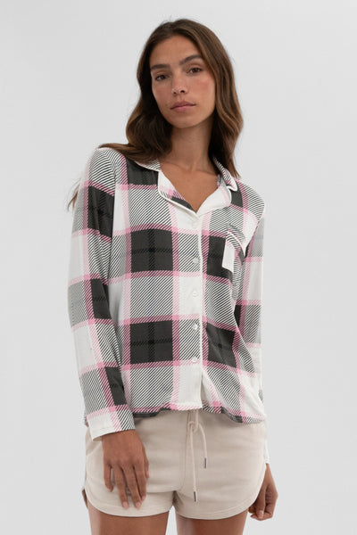 Canada Weather Gear Plaid Button Down Pajama Top - White - Womens Pajamas - Fairweather