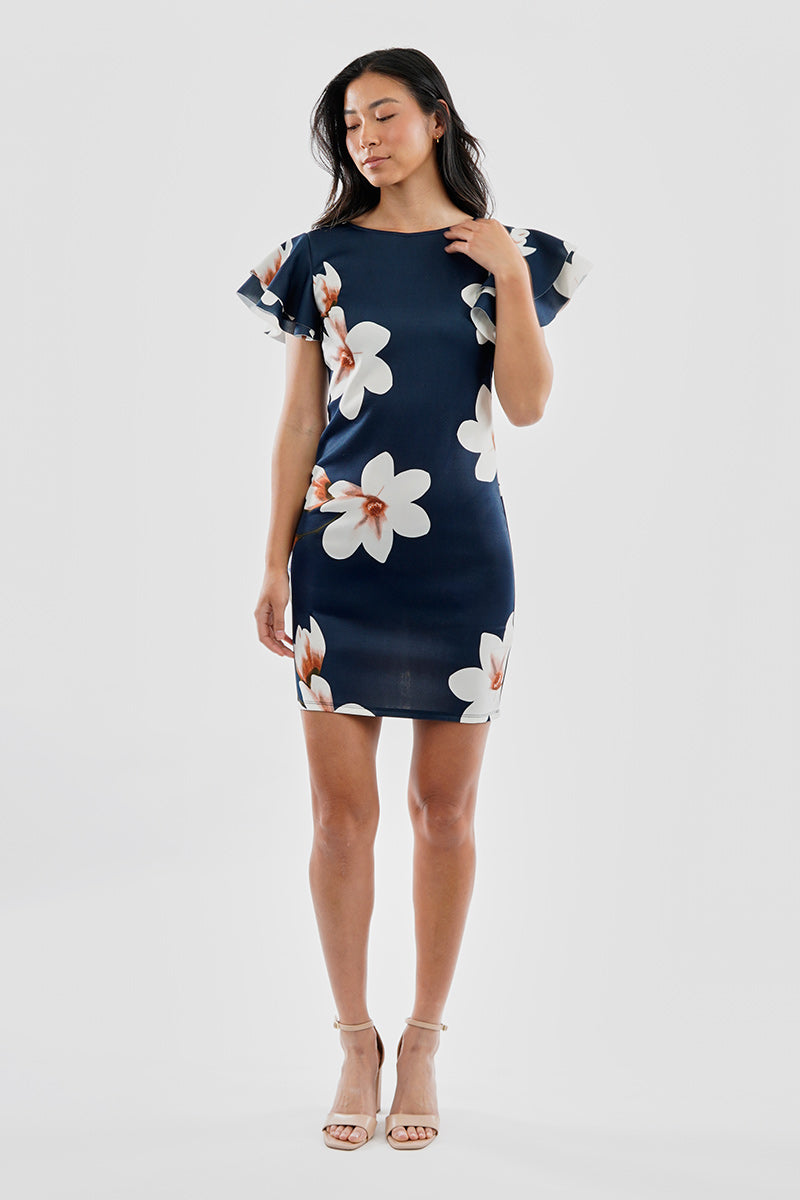 Floral Flutter Sleeve Scuba Cocktail Dress - Navy Floral Flutter Sleeve Scuba Cocktail Dress - Navy
