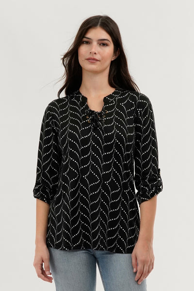 Majora Patterned Lace Up Blouse - Black - Womens Shirts & Blouses - Fairweather