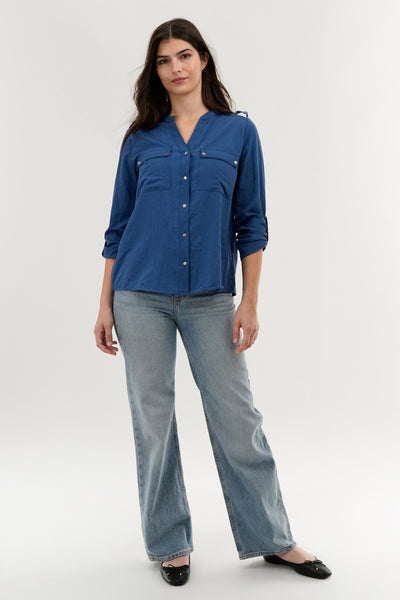 Runaway Bay Roll Up Sleeve Utility Pocket Blouse - Navy - Womens Shirts & Blouses - Fairweather